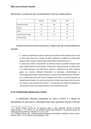 288 | Curso de Direito Tributário
demonstrar o sistema da não cumulatividade conforme a tabela abaixo:
Indústria Atacado Varejo
Operação mercantil 100 200 300
Crédito 0 10 20
Débito 10 20 30
Total de imposto a pagar 10 10 10
Total geral pago 30
Existem diversas formas de se alcançar o objetivo da não cumulatividade, por
exemplo:
i) quanto à compensação, podemos dizer que esta pode ser entre impostos (tax on tax)
ou base sobre base (tax on base). No Brasil, adotamos o modelo da compensação
imposto-sobre-imposto, conforme bem relata Rubens Gomes de Sousa74
; e
ii) quanto aos créditos compensáveis: os sistemas tributários também divergem sobre
quais créditos devem ser aproveitados. Existem dois modos principais: a) crédito físico
e b) crédito financeiro. No crédito físico, autoriza o creditamento de todos impostos
pagos nos insumos utilizados diretamente na fabricação, industrialização ou
comercialização de determinada mercadoria ou produto. No crédito financeiro, admitem-
se os créditos decorrentes de todas as despesas envolvidas no processo produtivo de
determinada mercadoria. No caso da inclusão dos créditos decorrentes de bens do ativo
fixo, teremos o denominado IVA-Produto75
. A manutenção dos créditos de máquinas é
uma forma de incentivo ao capital produtivo e ao investimento privado.
3.4.6.2 Substituição tributária para a frente
A substituição tributária progressiva ou “para a frente” é o regime de
arrecadação em que ocorre a tributação sobre fatos geradores futuros e tem por
74
Cf. SOUSA, Rubens Gomes de. Os impostos sobre o valor acrescido. Revista de Direito
Administrativo, n. 115, 1974, p. 41-126. BONILHA, Paulo Celso Bergstrom. Da natureza jurídica do
crédito de ICM. Suplemento Tributário LTr n. 69, p. 327.
75 Cf. TORRES, Ricardo Lobo. Tratado de direito constitucional financeiro e tributário. Rio de Janeiro:
Renovar, 2007, v. V. Os Tributos na Constituição, p. 307.
 