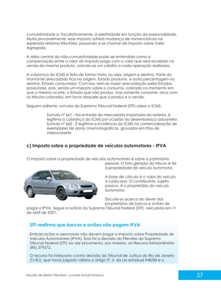 57
Noções de Direito Tributário - Luciane Schulz Fonseca
cumulatividade e, facultativamente, à seletividade em função da essencialidade.
Muito provavelmente, esse imposto sofrerá mudança de nomenclatura na
esperada reforma tributária, passando a se chamar de Imposto sobre Valor
Agregado.
A idéia central da não-cumulatividade pode ser entendida como a
compensação entre o valor do imposto pago com o valor que será recebido na
venda do mesmo produto, criando-se um crédito a cada operação realizada.
A cobrança do ICMS é feita de forma mista, ou seja, origem e destino. Parte do
montante arrecadado fica na origem, Estado produtor, e outra percentagem no
destino, Estado consumidor. Com isso, tem-se maior arrecadação pelos Estados
produtores, pois, sendo um imposto sobre o consumo, cobrado no momento em
que o mesmo ocorre, o Estado que não produz, mas somente consome, arca com
os tributos cobrados, em favor daquele que o produz e o vende.
Seguem adiante, súmulas do Supremo Tribunal Federal (STF) sobre o ICMS:
Súmula nº 661 - Na entrada de mercadoria importada do exterior, é
legítima a cobrança do ICMS por ocasião do desembaraço aduaneiro.
Súmula nº 662 - É legítima a incidência do ICMS na comercialização de
exemplares de obras cinematográficas, gravados em fitas de
videocassete.
c) Imposto sobre a propriedade de veículos automotores - IPVA
O Imposto sobre a propriedade de veículos automotores é sobre o patrimônio
pessoal. O fato gerador do tributo é ter
a propriedade de veículo automotor.
A base de cálculo é o valor do veículo
a cada ano. O contribuinte, sujeito
passivo, é o proprietário do veículo
automotor.
Discute-se acerca do dever dos
proprietários de barcos e aviões de
pagar o IPVA. Segue a notícia do Supremo Tribunal Federal (STF), veiculada em 11
de abril de 2007:
STF reafirma que barcos e aviões não pagam IPVA
Embarcações e aeronaves não devem pagar o Imposto sobre Propriedade de
Veículos Automotores (IPVA). Esta foi a decisão do Plenário do Supremo
Tribunal Federal (STF) ao dar provimento, por maioria, ao Recurso Extraordinário
(RE) 379572.
O recurso foi interposto contra decisão do Tribunal de Justiça do Rio de Janeiro
(TJ-RJ), que havia julgado válidos o artigo 5º, II, da Lei estadual 948/85 e o
 