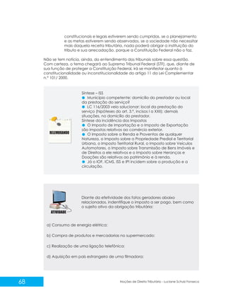 68 Noções de Direito Tributário - Luciane Schulz Fonseca
constitucionais e legais estiverem sendo cumpridas, se o planejamento
e as metas estiverem sendo observados, se a sociedade não necessitar
mais daquela receita tributária, nada poderá obrigar a instituição do
tributo e sua arrecadação, porque a Constituição Federal não o faz.
Não se tem notícia, ainda, do entendimento dos tribunais sobre essa questão.
Com certeza, o tema chegará ao Supremo Tribunal Federal (STF), que, diante de
sua função de proteger a Constituição Federal, irá se manifestar quanto à
constitucionalidade ou inconstitucionalidade do artigo 11 da Lei Complementar
n.º 101/ 2000.
Síntese – ISS
Município competente: domicílio do prestador ou local
da prestação do serviço?
LC 116/2003 veio solucionar: local da prestação do
serviço (hipóteses do art. 3.º, incisos I a XXII); demais
situações, no domicílio do prestador.
Síntese da incidência dos Impostos
O Imposto de Importação e o Imposto de Exportação
são impostos relativos ao comércio exterior.
O Imposto sobre a Renda e Proventos de qualquer
Natureza, o Imposto sobre a Propriedade Predial e Territorial
Urbana, o Imposto Territorial Rural, o Imposto sobre Veículos
Automotores, o Imposto sobre Transmissão de Bens Imóveis e
de Direitos a ele relativos e o Imposto sobre Heranças e
Doações são relativos ao patrimônio e à renda.
Já o IOF, ICMS, ISS e IPI incidem sobre a produção e a
circulação.
a) Consumo de energia elétrica:
b) Compra de produtos e mercadorias no supermercado:
c) Realização de uma ligação telefônica:
d) Aquisição em país estrangeiro de uma filmadora:
Diante da efetividade dos fatos geradores abaixo
relacionados, indentifique o imposto a ser pago, bem como
o sujeito ativo da obrigação tributária:
 
