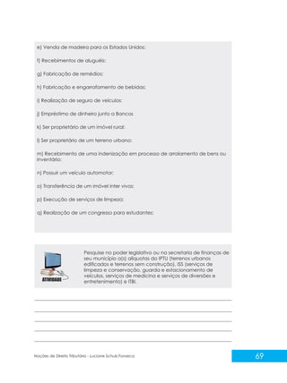 69
Noções de Direito Tributário - Luciane Schulz Fonseca
Pesquise no poder legislativo ou na secretaria de finanças de
seu município a(s) alíquotas do IPTU (terrenos urbanos
edificados e terrenos sem construção), ISS (serviços de
limpeza e conservação, guarda e estacionamento de
veículos, serviços de medicina e serviços de diversões e
entretenimento) e ITBI.
e) Venda de madeira para os Estados Unidos:
f) Recebimentos de aluguéis:
g) Fabricação de remédios:
h) Fabricação e engarrafamento de bebidas:
i) Realização de seguro de veículos:
j) Empréstimo de dinheiro junto a Bancos
k) Ser proprietário de um imóvel rural:
l) Ser proprietário de um terreno urbano:
m) Recebimento de uma indenização em processo de arrolamento de bens ou
inventário:
n) Possuir um veículo automotor:
o) Transferência de um imóvel inter vivos:
p) Execução de serviços de limpeza:
q) Realização de um congresso para estudantes:
 
