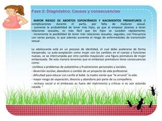 MAYOR RIESGO DE ABORTOS ESPONTÁNEOS Y NACIMIENTOS PREMATUROS O
complicaciones durante el parto, por falta de madurez sexual.
- aumenta la probabilidad de tener más hijos, ya que al empezar jóvenes a tener
relaciones sexuales, es más fácil que los hijos se sucedan rápidamente.
- incrementa la posibilidad de tener más relaciones sexuales, seguidas, con frecuencia
con varias parejas, lo que además aumenta el riesgo de enfermedades de transmisión
sexual.
La adolescente está en un proceso de identidad, el cual debe acelerarse de forma
inesperada. La auto-aceptación como mujer con los cambios en el cuerpo y funciones
nuevas, se ve interrumpida por otro cambio mayúsculo: una figura prematura de mujer
embarazada. De esta manera tenemos que el embarazo prematuro tiene consecuencias
como:
-conlleva a problemas de autoestima y frustraciones personales y sociales.
- deserción escolar, abandono o cambio de un proyecto de vida profesional.
- dificultad para educar con cariño al bebé. la madre siente que "le arruinó" la vida.
- mayor riesgo de separación, divorcio y abandono por parte de su compañero.
- rechazo social si el embarazo es fuera del matrimonio y críticas si es aún estando
casada. “
Fase 2: Diagnóstico. Causas y consecuencias
 
