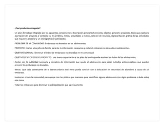 ¿Qué producto entregarás?
Un plan de trabajo integrado por los siguientes componentes: descripción general del proyecto, objetivo general o propósito, texto que explica la
aportación del proyecto al contexto y a los ámbitos, metas, actividades a realizar, relación de recursos, representación gráfica de las actividades
que requieres elaborar y un cronograma de actividades.
PROBLEMA DE MI COMUNIDAD: Embarazos no deseados en los adolescentes
PROYECTO: charlas a los jefes de familia para dar la información necesarias y evitar el embarazo no deseado en adolescentes.
OBJETIVO GENERAL: Disminuir el índice de embarazos no deseados en mi comunidad.
OBJETIVOS ESPECIFICOS DEL PROYECTO: una buena capacitación a los jefes de familia puede resolver las dudas de los adolescentes.
Contar con la publicidad necesaria y completa de información que ayude al adolescente para saber métodos anticonceptivos que pueden
prevenir los embarazos no deseados.
Metas: Que cada adolescente de la telesecundaria José mirlo pueda concluir con la educación sin necesidad de abandono a causa de un
embarazo.
Involucrar a toda la comunidad para apoyar con las pláticas por manzana para identificar alguna adolescente con algún problema o duda sobre
este tema.
Evitar los embarazos para disminuir la sobrepoblación que va en aumento.
 