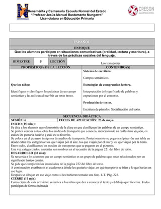 Benemérita y Centenaria Escuela Normal del Estado
“Profesor Jesús Manuel Bustamante Mungarro”
Licenciatura en Educación Primaria
ENFOQUE
Que los alumnos participen en situaciones comunicativas (oralidad, lectura y escritura), a
través de las prácticas sociales del lenguaje.
BIMESTRE 5 LECCIÓN
Los transportes
PROPÓSITO(S) DE LA LECCIÓN CONTENIDO (S)
Que los niños:
Identifiquen y clasifiquen las palabras de un campo
semántico y las utilicen al escribir un texto breve.
Sistema de escritura.
Campos semánticos.
Estrategias de comprensión lectora.
Interpretación del significado de palabras y
expresiones por el contexto.
Producción de textos.
Escritura de párrafos. Socialización del texto.
SECUENCIA DIDÁCTICA
SESIÓN: 6 FECHA DE APLICACIÓN: 23 de mayo
INICIO (15 min ):
Se dice a los alumnos que el propósito de la clase es que clasifiquen las palabras de un campo semántico.
Se platica con los niños sobre los medios de transporte que conocen, mencionando en cuáles han viajado, en
cuáles les gustaría hacerlo y cuál es su favorito.
Se coloca en el pizarrón imágenes de medios de transporte. Posteriormente se pega en el pizarrón una tabla en
donde están tres categorías: los que viajan por el aire, los que viajan por el mar y los que viajan por la tierra.
Entre todos, clasificamos los medios de transportes que se pegaron en el pizarrón.
Una vez categorizados, anotarán sus nombres en el recuadro de la página 221 del libro de texto.
DESARROLLO (30 min):
Se recuerda a los alumnos que un campo semántico es un grupo de palabras que están relacionados por un
significado básico común.
Se pide que completen los enunciados de la página 222 del libro de texto.
A continuación escriben en el cuaderno a dónde les gustaría viajar, en qué transporte se irían y lo que harían en
ese lugar.
Después se dibujan en ese viaje como si les hubieran tomado una foto. L.T. Pág. 222.
CIERRE (10 min):
Como cierre de esta actividad, se indica a los niños que den a conocer el texto y el dibujo que hicieron. Todos
participan de forma ordenada
 
