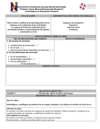 Benemérita y Centenaria Escuela Normal del Estado
“Profesor Jesús Manuel Bustamante Mungarro”
Licenciatura en Educación Primaria
EVALUACIÓN REFERENCIAS, RECURSOS, MATERIALES
Observación y análisis de las participaciones de los
alumnos en la realización de las actividades.
Se registra en la lista la realización de las
actividades del libro y la participación del alumno
comentando su texto.
Imágenes de transportes
Papel bon
Libro de textos
Cuaderno
ADECUACIONES CURRICULARES
Tipo de adecuaciones que requiere: Alumnos focalizados
1. De acceso al currículo
 Instalaciones de la escuela ( )
 En el aula ( )
 Apoyos personales (materiales y/o técnicos) ( )
2. En los elementos del currículo
 En la metodología ( )
 Aprendizajes esperados ( )
 En los contenidos ( )
En la evaluación ( )
OBSERVACIONES
SECUENCIA DIDÁCTICA
SESIÓN: 7 FECHA DE APLICACIÓN: 24 de mayo
PROPÓSITO(S) DE LA LECCIÓN
Que los niños:
Identifiquen y clasifiquen las palabras de un campo semántico y las utilicen al escribir un texto breve.
INICIO (15 min):
Se entrega a los niños una hoja con imágenes de medios de transporte. Deben recortarlos y pegarlos en su
cuaderno divididos en categorías, escribiendo el nombre de cada uno.
DESARROLLO (30 min):
Se solicita a los niños que elijan 3 transportes de los anteriores dados.
Posteriormente, se pide que escriban adjetivos para cada uno.
 