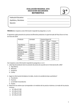 1
EVALUACIÓN REGIONAL 2018
EDUCACIÓN SECUNDARIA
MATEMÁTICA
Institución Educativa:
Apellidos y Nombres:
Sección:
PRECIOS (Con respecto a esta información responde las preguntas 1, 2 y 3).
El siguiente cuadro presenta los precios de diferentes productos el supermercado de Plaza Vea en el mes
de marzo de 2018
Producto Variedad Precios X kg en S/.
Precio
Min.
Precio
Máx.
Precio
promedio
Papa Blanca Tubérculo 2,60 2,80 2,70
Camote Tubérculo 2,40 2,60 2,53
Yuca Tubérculo 2,40 2,60 2,50
Manzana Fruta 2,50 2,60 2,54
Naranja de jugo Fruta 2,50 2,90 2,70
Zanahoria Verdura 2,20 2,40 2,30
Brócoli Verdura 2.40 2.00 2,70
Col Verdura 2,40 2,60 2,51
Coliflor Verdura 2,50 2,90 2,70
Con respecto a esta información responde las preguntas 1, 2 y 3.
1. ¿Qué tipo de producto tiene la variación de precios de acuerdo con el intervalo [2,20; 2,40]?
a. Papa Blanca
b. Manzana
c. Zanahoria
d. Coliflor
2. Según la información brindada en la tabla. ¿Cuál es la variable de tipo cuantitativa?
a. El producto
b. El precio
c. La variedad de productos
d. El peso
3. Determina los valores que corresponden a la mediana de los precios máximos y la moda de los precios
mínimos.
a. S/ 2.40 y S/ 2.60
b. S/ 2.40 y S/ 2.00
c. S/ 2.60 y S/ 2.40
d. S/ 2.50 y S/ 2.00
3°
 