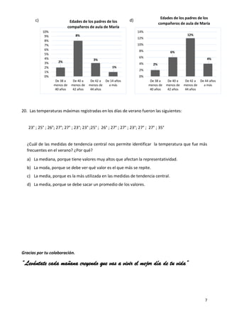 7
c) d)
20. Las temperaturas máximas registradas en los días de verano fueron las siguientes:
23° ; 25° ; 26°; 27°; 27° ; 23°; 23° ;25° ; 26° ; 27° ; 27° ; 23°; 27° ; 27° ; 35°
¿Cuál de las medidas de tendencia central nos permite identificar la temperatura que fue más
frecuentes en el verano? ¿Por qué?
a) La mediana, porque tiene valores muy altos que afectan la representatividad.
b) La moda, porque se debe ver qué valor es el que más se repite.
c) La media, porque es la más utilizada en las medidas de tendencia central.
d) La media, porque se debe sacar un promedio de los valores.
Gracias por tu colaboración.
“Levántate cada mañana creyendo que vas a vivir el mejor día de tu vida”
2%
6%
12%
4%
0%
2%
4%
6%
8%
10%
12%
14%
De 38 a
menos de
40 años
De 40 a
menos de
42 años
De 42 a
menos de
44 años
De 44 años
a más
2%
8%
3%
1%
0%
1%
2%
3%
4%
5%
6%
7%
8%
9%
10%
De 38 a
menos de
40 años
De 40 a
menos de
42 años
De 42 a
menos de
44 años
De 14 años
a más
Edades de los padres de los
compañeros de aula de María
Edades de los padres de los
compañeros de aula de María
 