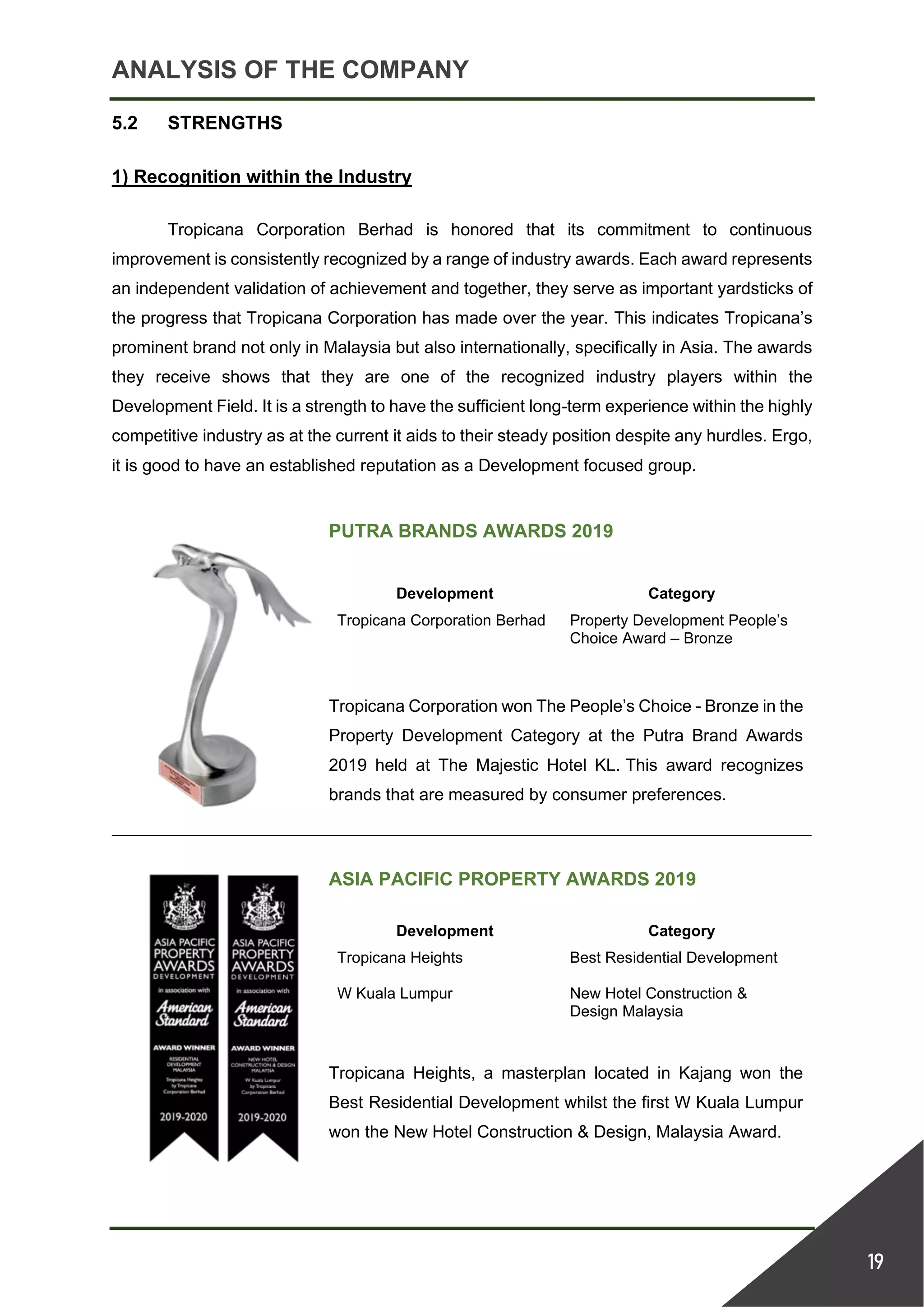 ANALYSIS OF THE COMPANY
19
5.2 STRENGTHS
1) Recognition within the Industry
Tropicana Corporation Berhad is honored that its commitment to continuous
improvement is consistently recognized by a range of industry awards. Each award represents
an independent validation of achievement and together, they serve as important yardsticks of
the progress that Tropicana Corporation has made over the year. This indicates Tropicana’s
prominent brand not only in Malaysia but also internationally, specifically in Asia. The awards
they receive shows that they are one of the recognized industry players within the
Development Field. It is a strength to have the sufficient long-term experience within the highly
competitive industry as at the current it aids to their steady position despite any hurdles. Ergo,
it is good to have an established reputation as a Development focused group.
PUTRA BRANDS AWARDS 2019
Development Category
Tropicana Corporation Berhad Property Development People’s
Choice Award – Bronze
Tropicana Corporation won The People’s Choice - Bronze in the
Property Development Category at the Putra Brand Awards
2019 held at The Majestic Hotel KL. This award recognizes
brands that are measured by consumer preferences.
ASIA PACIFIC PROPERTY AWARDS 2019
Development Category
Tropicana Heights Best Residential Development
W Kuala Lumpur New Hotel Construction &
Design Malaysia
Tropicana Heights, a masterplan located in Kajang won the
Best Residential Development whilst the first W Kuala Lumpur
won the New Hotel Construction & Design, Malaysia Award.
 