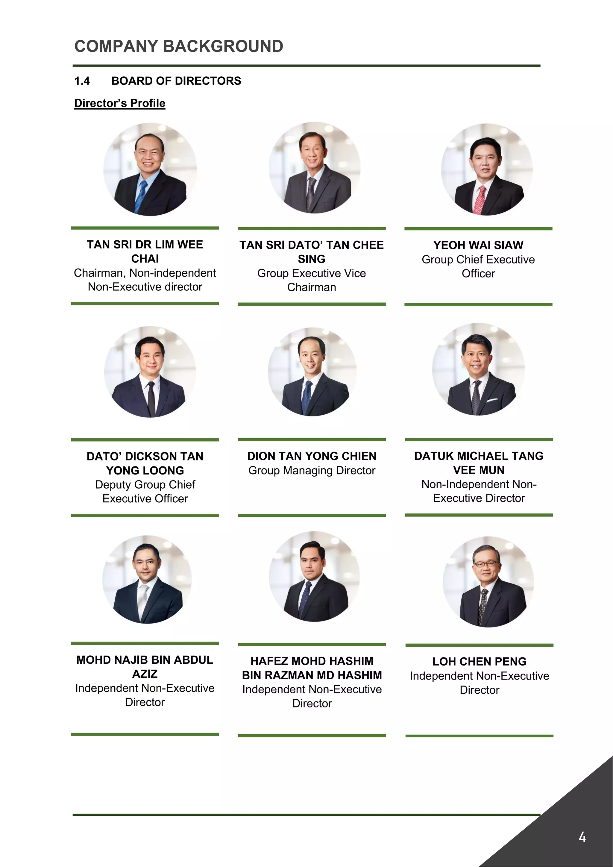 COMPANY BACKGROUND
4
1.4 BOARD OF DIRECTORS
Director’s Profile
TAN SRI DR LIM WEE
CHAI
Chairman, Non-independent
Non-Executive director
TAN SRI DATO’ TAN CHEE
SING
Group Executive Vice
Chairman
YEOH WAI SIAW
Group Chief Executive
Officer
DATO’ DICKSON TAN
YONG LOONG
Deputy Group Chief
Executive Officer
DION TAN YONG CHIEN
Group Managing Director
DATUK MICHAEL TANG
VEE MUN
Non-Independent Non-
Executive Director
MOHD NAJIB BIN ABDUL
AZIZ
Independent Non-Executive
Director
HAFEZ MOHD HASHIM
BIN RAZMAN MD HASHIM
Independent Non-Executive
Director
LOH CHEN PENG
Independent Non-Executive
Director
 