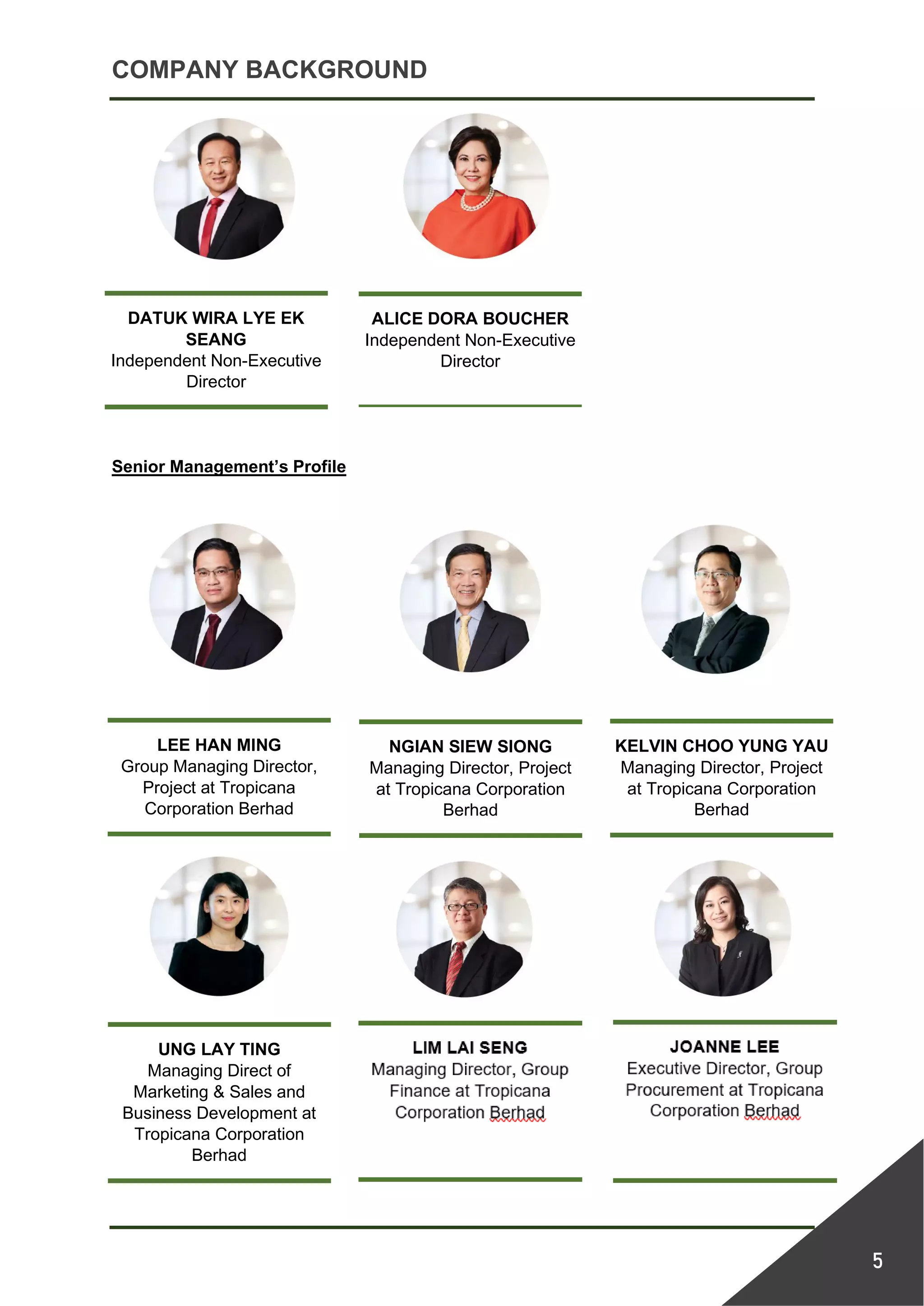 COMPANY BACKGROUND
5
Senior Management’s Profile
DATUK WIRA LYE EK
SEANG
Independent Non-Executive
Director
ALICE DORA BOUCHER
Independent Non-Executive
Director
LEE HAN MING
Group Managing Director,
Project at Tropicana
Corporation Berhad
NGIAN SIEW SIONG
Managing Director, Project
at Tropicana Corporation
Berhad
KELVIN CHOO YUNG YAU
Managing Director, Project
at Tropicana Corporation
Berhad
UNG LAY TING
Managing Direct of
Marketing & Sales and
Business Development at
Tropicana Corporation
Berhad
JOANNE LEE
Executive Director, Group
Procurement at Tropicana
Corporation Berhad
LIM LAI SENG
Managing Director, Group
Finance at Tropicana
Corporation Berhad
 