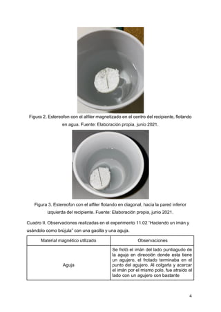 4
Figura 2. Estereofon con el alfiler magnetizado en el centro del recipiente, flotando
en agua. Fuente: Elaboración propia, junio 2021.
Figura 3. Estereofon con el alfiler flotando en diagonal, hacia la pared inferior
izquierda del recipiente. Fuente: Elaboración propia, junio 2021.
Cuadro II. Observaciones realizadas en el experimento 11.02 “Haciendo un imán y
usándolo como brújula” con una gacilla y una aguja.
Material magnético utilizado Observaciones
Aguja
Se frotó el imán del lado puntiagudo de
la aguja en dirección donde esta tiene
un agujero, el frotado terminaba en el
punto del agujero. Al colgarla y acercar
el imán por el mismo polo, fue atraído el
lado con un agujero con bastante
 