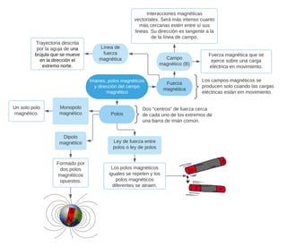 Imanes, polos magnéticos
y dirección del campo
magnético
Polos
Ley de fuerza entre
polos o ley de polos
Los polos magnéticos
iguales se repelen y los
polos magnéticos
diferentes se atraen.
Dos "centros" de fuerza cerca
de cada uno de los extremos de
una barra de imán común.
Dipolo
magnético
Formado por
dos polos
magnéticos
opuestos.
Fuerza
magnética
Los campos magnéticos se
producen solo cuando las cargas
eléctricas están em movimiento.
Campo
magnético (B)
Interacciones magnéticas
vectoriales. Será más intenso cuanto
más cercanas estén entre sí sus
lineas. Su dirección es tangente a la
de la línea de campo.
Monopolo
magnético
Un solo polo
magnético.
Fuerza magnética que se
ejerce sobre una carga
eléctrica en movimiento.
Línea de
fuerza
magnética
Trayectoria descrita
por la aguja de una
brújula que se mueve
en la dirección el
extremo norte.
 