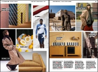 012 013
PECLERS PARIS INSPIRATIONS FW23-24
STORY FOUNDATION(S) 🡢 AESTHETIC  CONCEPTS THÈME FONDATION(S) 🡢 CONCEPTS  CRÉATIFS  GIGANTIC
1InspiredbyNorthAfricanvernacular
architecture in lime, sensorial
immersion, Hermès. 2 Instinctive
emotions and warm lighting, Iris
Humm. 3 For the Olympic team,
giant logo of the Liberian flag by
Telfar Clemens. 4 Worn by dancers
in movement, protective clothing
offering comfort and freedom, Felipe
Oliveira Baptista for Kenzo. 5 The
thickness of Carlo Scarpa’s couch
is like a protective shell. 6 Rare
Jain statue in Karnataka. 7 Bomber
jacket worn under a blazer: layered
outerwear classics by Hed Mayner.
8 Cultural fusion in recycled
materials: Italian Memphis stripes
and Swedish ochre yellow, Very
Simple Kitchen. 9 Mexican duo
Tezontle, inspired by both the pre-
Hispanic and modernist eras.
1 Inspirée de l’architecture
vernaculaire à la chaux d’Afrique
du Nord, immersion sensorielle,
Hermès. 2 Émotions instinctives
et lumière chaleureuse, Iris Humm.
3 Pour l’équipe des JO, logo géant
du drapeau du Liberia par Telfar
Clemens. 4 En mouvement sur
des danseurs, vêtements protecteurs,
confort et liberté, Felipe Oliveira
Baptista pour Kenzo. 5 Épaisseur
du canapé Carlo Scarpa : coquille
protectrice. 6 Rare statue Jaïn
à Karnataka. 7 Bombers sous blazer :
superposition de pièces protectrices
classiques par Hed Mayner. 8 Fusion
culturelle en matériaux recyclés :
rayure italienne Memphis et jaune
ocre suédois, Very Simple Kitchen.
9 Le duo mexicain Tezontle, inspiré
aussi bien de l’époque préhispanique
que moderniste.
VERNACULAR
INSPIRATION
OLYMPIC
IN MOVEMENT
WARM LIGHT
PRE-HISPANIC
MODERNIST
PROTECTOR
CULTURAL
FUSION
2
4
3
5
1
6 7
9
8
 