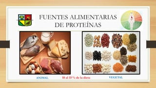 FUENTES ALIMENTARIAS
DE PROTEÍNAS
ANIMAL VEGETAL
10 al 15 % de la dieta
 