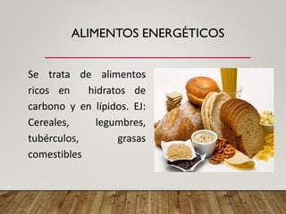 ALIMENTOS ENERGÉTICOS
Se trata de alimentos
ricos en hidratos de
carbono y en lípidos. EJ:
Cereales, legumbres,
tubérculos, grasas
comestibles
 