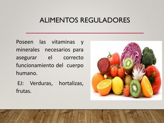 ALIMENTOS REGULADORES
Poseen las vitaminas y
minerales necesarios para
asegurar el correcto
funcionamiento del cuerpo
humano.
EJ: Verduras, hortalizas,
frutas.
 
