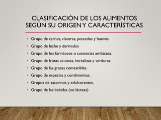 CLASIFICACIÓN DE LOS ALIMENTOS
SEGÚN SU ORIGENY CARACTERÍSTICAS
• Grupo de carnes,vísceras,pescados y huevos
• Grupo de leche y derivados
• Grupo de los farináceos o sustancias amiláceas.
• Grupo de frutas acuosas,hortalizas y verduras.
• Grupo de las grasas comestibles.
• Grupo de especias y condimentos.
• Grupos de sacarinos y edulcorantes.
• Grupo de las bebidas (no lácteas)
 
