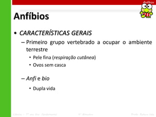 Ciências – 7º ano Ens. Fundamental 4º Bimestre Profa. Rebeca Vale
Anfíbios
Anfíbios
• CARACTERÍSTICAS GERAIS
– Primeiro grupo vertebrado a ocupar o ambiente
terrestre
• Pele fina (respiração cutânea)
• Ovos sem casca
– Anfi e bio
• Dupla vida
 