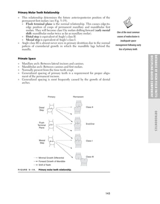 143
Primary Molar Teeth Relationship
■ This relationship determines the future anterio-posterior position of the
permanent ﬁrst molars (see Fig. 5–19).
■ Flush terminal plane is the normal relationship. This causes edge-to-
edge position of cusps of permanent maxillary and mandibular ﬁrst
molars. They will become class I by molars drifting forward (early mesial
shift: mandibular molar twice as far as maxillary molar).
■ Distal step is equivalent of Angle’s class II.
■ Mesial step is equivalent of Angle’s class I.
■ Angle class III is almost never seen in primary dentition due to the normal
pattern of craniofacial growth in which the mandible lags behind the
maxilla.
Primate Space
■ Maxillary arch: Between lateral incisors and canines.
■ Mandibular arch: Between canines and ﬁrst molars.
■ Normally present from the time teeth erupt.
■ Generalized spacing of primary teeth is a requirement for proper align-
ment of the permanent incisors.
■ Generalized spacing is most frequently caused by the growth of dental
arches.
DATABASE
OF
H
IG
H-YI
E
LD
FACTS:
DISC
I
PLI
N
E-BASE
D
COM
PON
E
NT
ORTHODONTICS
Primary
Distal
Step
Mesial
Step
Class III
Class I
Class II
End-End
Flush
Terminal
Plane
Permanent
Minimal Growth Differential
Forward Growth of Mandible
Shift of Teeth
F I G U R E 5 – 1 9 . Primary molar teeth relationship.
One of the most common
causes of malocclusion is
inadequate space
management following early
loss of primary teeth.
 