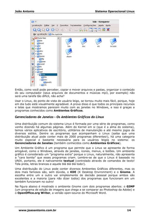 João Antonio Sistema Operacional Linux
www.joaoantonio.com.br 14
Então, como você pode perceber, copiar e mover arquivos e pastas, organizar o conteúdo
do seu computador (seus arquivos de documentos e músicas mp3, por exemplo) não
será uma tarefa tão difícil, não acha?
Usar o Linux, do ponto de vista de usuário leigo, se tornou muito mais fácil, porque, hoje
em dia tudo está visualmente agradável. A prova disso é que todos os principais recursos
e telas que mostramos parecem muito com as janelas no Windows, e isso é graças a
programas conhecidos como Ambientes Gráficos.
Gerenciadores de Janelas – Os Ambientes Gráficos do Linux
Uma distribuição comum do sistema Linux é formada por uma série de programas, como
venho dizendo há algumas páginas. Além do Kernel em si (que é a alma do sistema),
temos vários aplicativos de escritório, utilitários de manutenção e até mesmo jogos de
diversos estilos. Dentre os programas que acompanham o Linux (saiba que uma
distribuição atual pode conter mais de 2000 programas diferentes!), há uma categoria
muito especial e bastante necessária para os usuários leigos no sistema: os
Gerenciadores de Janelas (também conhecidos como Ambientes Gráficos).
Um Ambiente Gráfico é um programa que permite que o Linux se apresente de forma
amigável, como o Windows, através de janelas, ícones, menus, e botões. Um ambiente
gráfico é considerado um “programa extra” porque o Linux, naturalmente, não apresenta
a “cara bonita” que esses programas criam. Lembre-se de que o Linux é baseado no
UNIX, portanto, ele é nativamente textual (controlado através de comandos de texto!
Tela preta, letras brancas e aquele blá blá blá todo!).
Uma distribuição do Linux pode conter diversos Ambientes Gráficos diferentes, mas os
dois mais famosos são, sem dúvida, o KDE (K Desktop Environment) e o Gnome. A
escolha entre um e outro vai simplesmente de decisão pessoal porque ambos são
excelentes e a maioria (para não dizer todos) dos programas que funcionam em um
também funcionam no outro!
Na figura abaixo é mostrado o ambiente Gnome com dois programas abertos: o GIMP
(um programa de edição de imagens que chega a se comparar ao Photoshop da Adobe) e
o OpenOffice.org Writer, a versão open-source do Microsoft Word.
 