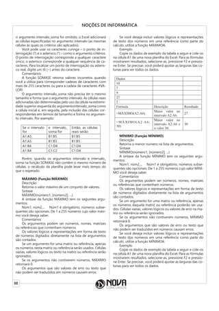 88
NOÇÕES DE INFORMÁTICA
o argumento intervalo_soma for omitido, o Excel adicionará
as células especificadas no argumento intervalo (as mesmas
células às quais os critérios são aplicados).
Você pode usar os caracteres curinga – o ponto de in-
terrogação (?) e o asterisco (*) – como o argumento critérios.
O ponto de interrogação corresponde a qualquer caractere
único; o asterisco corresponde a qualquer sequência de ca-
racteres. Para localizar um ponto de interrogação ou asteris-
co real, digite um til (~) antes do caractere.
Comentários
A função SOMASE retorna valores incorretos quando
você a utiliza para corresponder cadeias de caracteres com
mais de 255 caracteres ou para a cadeia de caracteres #VA-
LOR!.
O argumento intervalo_soma não precisa ter o mesmo
tamanho e forma que o argumento intervalo. As células reais
adicionadas são determinadas pelo uso da célula na extremi-
dade superior esquerda do argumentointervalo_soma como
a célula inicial e, em seguida, pela inclusão das células cor-
respondentes em termos de tamanho e forma no argumen-
to intervalo. Por exemplo:
Se o intervalo
for
e intervalo_
soma for
Então, as células
reais serão
A1:A5 B1:B5 B1:B5
A1:A5 B1:B3 B1:B5
A1:B4 C1:D4 C1:D4
A1:B4 C1:C2 C1:D4
Porém, quando os argumentos intervalo e intervalo_
soma na função SOMASE não contêm o mesmo número de
células, o recálculo da planilha pode levar mais tempo do
que o esperado.
MÁXIMO (Função MÁXIMO)
Descrição
Retorna o valor máximo de um conjunto de valores.
Sintaxe
MÁXIMO(número1, [número2], ...)
A sintaxe da função MÁXIMO tem os seguintes argu-
mentos:
Núm1, núm2,...    Núm1 é obrigatório, números subse-
quentes são opcionais. De 1 a 255 números cujo valor máxi-
mo você deseja saber.
Comentários
Os argumentos podem ser números, nomes, matrizes
ou referências que contenham números.
Os valores lógicos e representações em forma de texto
de números digitados diretamente na lista de argumentos
são contados.
Se um argumento for uma matriz ou referência, apenas
os números nesta matriz ou referência serão usados. Células
vazias, valores lógicos ou texto na matriz ou referência serão
ignorados.
Se os argumentos não contiverem números, MÁXIMO
retornará 0.
Os argumentos que são valores de erro ou texto que
não podem ser traduzidos em números causam erros.
Se você deseja incluir valores lógicos e representações
de texto dos números em uma referência como parte do
cálculo, utilize a função MÁXIMOA.
Exemplo
Copie os dados de exemplo da tabela a seguir e cole-os
na célula A1 de uma nova planilha do Excel. Para as fórmulas
mostrarem resultados, selecione-as, pressione F2 e pressio-
ne Enter. Se precisar, você poderá ajustar as larguras das co-
lunas para ver todos os dados.
Dados
10
7
9
27
2
Fórmula Descrição Resultado
=MÁXIMO(A2:A6)
Maior valor no
intervalo A2:A6.
27
=MÁXIMO(A2:A6;
30)
Maior valor no
intervalo A2:A6 e
o valor 30.
30
MÍNIMO (Função MÍNIMO)
Descrição
Retorna o menor número na lista de argumentos.
Sintaxe
MÍNIMO(número1, [número2], ...)
A sintaxe da função MÍNIMO tem os seguintes argu-
mentos:
Núm1, núm2,...    Núm1 é obrigatório, números subse-
quentes são opcionais. De 1 a 255 números cujo valor MÍNI-
MO você deseja saber.
Comentários
Os argumentos podem ser números, nomes, matrizes
ou referências que contenham números.
Os valores lógicos e representações em forma de texto
de números digitados diretamente na lista de argumentos
são contados.
Se um argumento for uma matriz ou referência, apenas
os números daquela matriz ou referência poderão ser usa-
dos. Células vazias, valores lógicos ou valores de erro na ma-
triz ou referência serão ignorados.
Se os argumentos não contiverem números, MÍNIMO
retornará 0.
Os argumentos que são valores de erro ou texto que
não podem ser traduzidos em números causam erros.
Se você deseja incluir valores lógicos e representações
de texto dos números em uma referência como parte do
cálculo, utilize a função MÍNIMOA.
Exemplo
Copie os dados de exemplo da tabela a seguir e cole-os
na célula A1 de uma nova planilha do Excel. Para as fórmulas
mostrarem resultados, selecione-as, pressione F2 e pressio-
ne Enter. Se precisar, você poderá ajustar as larguras das co-
lunas para ver todos os dados.
 