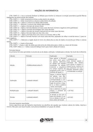 97
NOÇÕES DE INFORMÁTICA
CTRL+SHIFT+Z — Usa o comando Desfazer ou Refazer para reverter ou restaurar a correção automática quando Marcas
Inteligentes de AutoCorreção são exibidas.
CTRL+SHIFT+( — Exibe novamente as linhas ocultas dentro da seleção.
CTRL+SHIFT+) — Exibe novamente as colunas ocultas dentro da seleção.
CTRL+SHIFT+& — Aplica o contorno às células selecionadas.
CTRL+SHIFT+_ — Remove o contorno das células selecionadas.
CTRL+SHIFT+~ — Aplica o formato de número Geral.
CTRL+SHIFT+$ — Aplica o formato Moeda com duas casas decimais (números negativos entre parênteses)
CTRL+SHIFT+% — Aplica o formato Porcentagem sem casas decimais.
CTRL+SHIFT+^ — Aplica o formato de número Exponencial com duas casas decimais.
CTRL+SHIFT+# — Aplica o formato Data com dia, mês e ano.
CTRL+SHIFT+@ — Aplica o formato Hora com a hora e os minutos, AM ou PM.
CTRL+SHIFT+! — Aplica o formato Número com duas casas decimais, separador de milhar e sinal de menos (-) para va-
lores negativos.
CTRL+SHIFT+* — Seleciona a região atual em torno da célula ativa (a área de dados circunscrita por linhas e colunas
vazias).
CTRL+SHIFT+: — Insere a hora atual.
CTRL+SHIFT+” –Copia o valor da célula que está acima da célula ativa para a célula ou a barra de fórmulas.
CTRL+SHIFT+Mais (+) — Exibe a caixa de diálogo Inserir para inserir células em branco.
Fórmulas básicas
As primeiras fórmulas aprendidas na escola são as de adição, subtração, multiplicação e divisão. No Excel não é diferente.
Cálculo Fórmula Explicação Exemplo
Adição =SOMA(célulaX;célula Y)
Para aplicar a fórmula
de soma você preci-
sa, apenas, selecionar
as células que estarão
envolvidas na adição,
incluindo a sequência
no campo superior do
programa junto com o
símbolo de igual (=)
=SOMA(A1;A2).
Dica: Sempre separe a
indicação das células
com ponto e vírgula (;).
Dessa forma, mesmo as
que estiverem em loca-
lizações distantes serão
consideradas na adição
Subtração =(célulaX-célulaY)
Segue a mesma lógica
da adição, mas des-
sa vez você usa o sinal
correspondente a con-
ta que será feita (-) no
lugar do ponto e vírgu-
la (;), e retira a palavra
“soma” da função
=(A1-A2)
Multiplicação = (célulaX*célulaY)
Use o asterisco (*) para
indicar o símbolo de
multiplicação
= (A1*A2)
Divisão =(célulaX/célulaY)
A divisão se dá com a
barra de divisão (/) en-
tre as células e sem pa-
lavra antes da função
=(A1/A2)
Fórmulas bastante requisitadas
Outros algoritmos que são bastante importantes nas planilhas são aqueles que mostram valores de média, máxima e
mínimo. Mas para usar essas funções, você precisa estabelecer um grupo de células.
 