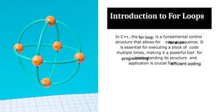Introduction to For Loops
In C++, the is a fundamental control
structure that allows for over a sequence. It
is essential for executing a block of code
multiple times, making it a powerful tool for
. Understanding its structure and
application is crucial for .
 