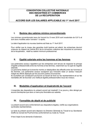 1
CONVENTION COLLECTIVE NATIONALE
DES INDUSTRIES ET COMMERCES
DE LA RECUPERATION
ACCORD SUR LES SALAIRES APPLICABLE AU 1er...