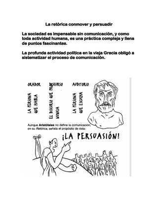 La retórica conmover y persuadir
La sociedad es impensable sin comunicación, y como
toda actividad humana, es una práctica compleja y llena
de puntos fascinantes.
La profunda actividad política en la vieja Grecia obligó a
sistematizar el proceso de comunicación.
	
	 	
 