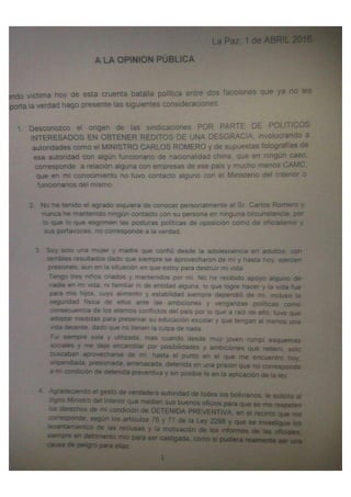 Carta de Gabriela Zapata a la opinión pública.