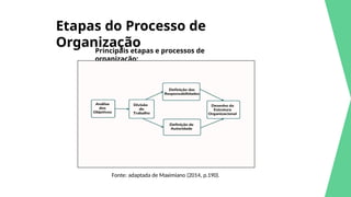 Etapas do Processo de
Organização
Principais etapas e processos de
organização:
Fonte: adaptada de Maximiano (2014, p.190).
 