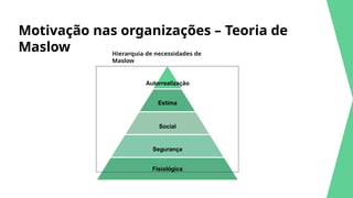 Motivação nas organizações – Teoria de
Maslow Hierarquia de necessidades de
Maslow
Autorrealização
Estima
Social
Segurança
Fisiológica
 