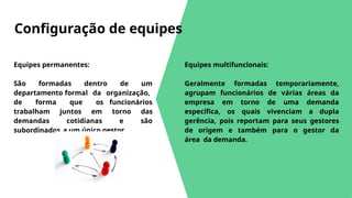Configuração de equipes
Equipes multifuncionais:
Geralmente formadas temporariamente,
agrupam funcionários de várias áreas da
empresa em torno de uma demanda
específica, os quais vivenciam a dupla
gerência, pois reportam para seus gestores
de origem e também para o gestor da
área da demanda.
Equipes permanentes:
São formadas dentro de um
departamento formal da organização,
de forma que os funcionários
trabalham juntos em torno das
demandas cotidianas e são
subordinados a um único gestor.
 