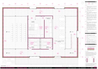 1
V1
+0.78 +0.78
10
2
3
4
5
6
7
8
9
11
12
13
14
15
COCINA
BAÑOS BAÑOS
LOUNGE + CIRCULACIONES
AUTOSERVICIO
Th Pf
F R
Th C
Cs
Th Pa
Fa R
Th Pa
R
T C
Cs
T C
Cs
T C
Cs
V2
V2
V2
Fa
M1
M1
P2 P2
P4 P3
20.45 m2
10.50 m2
6.95 m2 6.95 m2
85.30 m2
M2
M3
A
3,00 3,00
B C D E F G
3,00 3,00 3,00 3,00
1
2
3
4
5
6
1,902,702,702,701,90
V1
+3.78+3.78
Proyecto de ejecución material con baja tecnología 05
UE
Javier Leyva Díaz exp: 20818638TALLER DE TECNOLOGÍAEDIFICIO MULTIFUNCIONAL _ Molo,Nakura,Kenya
PLANTA PRIMERA escala: 1/40
Tarima de madera multicapa de 1500 x 95 x 28 mm
y acabada en tono roble gris, colocadas sobre
enrastrelado de madera.
ACABADOS
T
B
C D
ASUELOS
TECHOS
PARAMENTOS VERTICALES
RODAPIES
SUELOS
Tablero contrachapado de 20 mm de espesor, cara
superficial impregnada en resina termoendurecible
tono fresno abedul y fijado con adhesivo al
enrastrelado.
C
PARAMENTOS VERTICALES
Tarima de madera de alta densidad de 1500 x 95 x
28 mm y acabada en tono roble gris, sellada con
parafina para un excelente comportamiento
hidrófugo.
Th
Placa de cartón yeso PLADUR de 15 mm de espesor,
formadas por un alma de yeso natural y fibra de
vidrio incorporada que le confiere una mayor
resitencia al fuego, acabada con placas de vinilo.
Pf
Placa de cartón yeso PLADUR de 15 mm de espesor,
formadas por un alma de yeso natural con
tratamiento hidrófugo añadido que disminuye su
capacidad de absorción de agua y acabada con
placas de vinilo.
Pa
TECHOS
Rodapie de madera multicapa acabado en tono roble
gris
R
RODAPIES
P1
P2
Puerta de doble hoja de vidrio + fijo, con RPT
(Soleal PY TECHNAL, Uh = 1.9 w/m2 K)
Puerta de baño de madera lisa lacada en tono fresno
abedul
P3
Puerta cortafuegos de madera lisa lacada en tono
fresno abedul
P4
Puerta cortafuegos de madera doble hoja con
acabado liso y tono fresno abedul.
V1
Ventana corredera de 3 hojas con RPT (Ecothermic
Slide+ TECHNAL, Uh = 3.25 W/m2 K)
Envolvente de listones de madera de 100 x 20 mm,
con un acabado pre-aceitado y tono natural, fijados
con tornillos al enrastrelado.
L
Tarima exterior Iroko de 1500 x 95 x 28 mm, con
un acabado pre-aceitado y tono natural.
Te
1 - Panel contrachapado para acabado de 20 mm de espesor
ENVOLVENTE
2 - Enrastrelado de madera de 60 x 40 mm
3 - Panel contrachapado de 10mm de espesor PAVAPLAN 3F
4 - Panel aislante de fibra de madera PAVATHERM de 140 mm
5 - Panel de fibras de madera Isoroof Natur KN de 80 mm
6 - Membraba impermeabilizante de polipropileno PAVATEX
7 - Enrastrelado de madera de 40 x 40 mm
8 - Listones de madera tratados de 100 x 20 mm
Tablero contrachapado de 20 mm de espesor, cara
superficial impregnada en resinatermoendurecibles
tono fresno abedul y fijado con adhesivo al
enrastrelado.
C
Panel sandwich de fibras de madera Termochip
sobre entramado de cubierta, formado por un
tablero OSB-3 hidrofugo, un núcleo aislante fibras
de madera de 140 mm, una lamina barrera de vapor
y un tablero contrachapado visto impregnado en
resina termoendurecible tono fresno abedul.
Cs
F Placa de cartón yeso PLADUR de 15 mm de espesor,
resistente al fuego, acabada en enlucido de yeso y
pintura al temple color blanco mate
PUERTAS Y VENTANAS
MATERIALES
1
2
3
4
6
5
7
8
M1 U = 0.3 W/m2 K (Estándar Passivhaus)
U = 0.19 W/m2 K (Propuesta)
V2
Ventana corredera de 2 hojas con RPT (Ecothermic
Slide+ TECHNAL, Uh = 3.25 W/m2 K)
Fa Placa de cartón yeso PLADUR de 15 mm de espesor
con tratamiento hidrófugo, acabada en enlucido de
yeso y pintura al temple color blanco mate
TABIQUEM2 TABIQUEM3
1 - Panel contrachapado para acabado de 20 mm de espesor
2 - Panel aislante de fibra de madera PAVATHERM de 100 mm
3 - Estructura metálica para soporte de lavamanos
4 - Doble capa de carton yeso PLADUR hidrófugo de 15 mm
5 - Montante de madera de 100 x 50 mm
6 - Triple capa de cartón yeso PLADUR resistente al fuego de
15 mm
1
2
3
4
1
5
6
2
Bajante pluvial de PVC de 63 mmBajante fecal de PVC de 100 mm
 