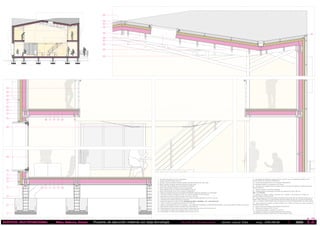 Proyecto de ejecución material con baja tecnología 12
UE
Javier Leyva Díaz exp: 20818638TALLER DE TECNOLOGÍAEDIFICIO MULTIFUNCIONAL _ Molo, Nakura, Kenya
1
2
3
4 65 7 8 9 10
11
12
13
14
7
15
11
16 7 8 9 10
19
16
17
5
20
21
22
23
24
25
26
29
18
27
28
30
31
32
33
34
1 - Hormigón de limpieza de 10 cm de espesor
2 - Zapata superficial aislada de HA-25
3 - Anlcaje a enano de pletina metálica (Simpson Strong) de fijación de viga y pilar
4 -Pletina metálica (Simpson Strong) de fijación de viga y pilar
5 - Membraba impermeabilizante de polipropileno PAVATEX
6 - Panel contrachapado hidrófugo de 20 mm de espesor
7 - Panel aislante de fibra de madera PAVATHERM de 140 mm
8 - Panel contrachapado de 20 mm de espesor PAVAPLAN 3F
9 - Tablero de aislamiento de fibra de madera PAVABOARD altamente resistente a la compresión
10 - Tarima de madera multicapa de 1500 x 95 x 20 mm acabada en tono roble gris
11 -Viga doble de madera conífera acerrada C24 de 80 x 200 mm
12 - Estructura soporte del aislamiento térmico de madera conífera acerrada C24 de 50 x 140 mm
13 - Vierteaguas de madera tratada para exteriores
14- Ventana corredera de 3 hojas con RPT (Ecothermic Slide+ TECHNAL, Uh = 3.25 W/m2 K)
15 - Panel de fibras de madera Isoroof Natur KN de 80 mm
16- Tablero contrachapado de 20 mm de espesor, cara superficial impregnada en resinatermoendurecibles tono fresno abedul y fijado con adhesivo.
17- Viga doble de madera conífera acerrada C24 de 50 x 200 mm
18- Barras tensoras de acero para contrarrestar la deformación del pórtico en las luces de 8 m
19 - Enrastrelado de madera para acabado interior de 60 x 40 mm
20 - Enrastrelado de madera para acabado exterior de 40 x 40 mm
21 - Envolvente de listones de madera de 100 x 20 mm, con un acabado pre-aceitado y tono
natural, fijados con tornillos al enrastrelado.
22 - Panel contrachapado de 20 mm de espesor PAVAPLAN 3F
23- Barandilla metálica con pasamanos de madera
24 - Estructura de cubierta vista de madera conífera acerrada C24 fijadas por pletinas Simpson
Strong y bulones.
25 - Canalón metálico en limahoya diagonal
26 - Ventana giratoria motorizada con toldillo de protección de 780 x 980 mm
(Uh = 1.3 W/m2 K
27- Riostras de madera conífera acerrada C24 y fijadas a los pórticos por medio de
pletinas metálica Simpson Strong
28 - Panel sandwich de fibras de madera Termochip sobre entramado de cubierta, formado por un
tablero OSB-3 hidrofugo, un núcleo aislante fibras de madera de 140 mm, una lamina barrera de
vapor y un tablero contrachapado visto impregnado en resina termoendurecible tono fresno abedul.
29 - Viga cumbrera de madera acerrada conífera C24 y fijada al pórtico por medio de pletinas
metálicas Simpson Strong.
30 - Panel de fibras de madera Isoroof Natur KN de 80 mm
31 - Rastreles de madera de 30 x 50 mm
32 - Chapa grecada fijada a rastreles con tornillos
33- Acabado en listones de madera tratados de 100 x 20 mm
y separados para evacuar el agua hacia la chapa grecada inferior
 