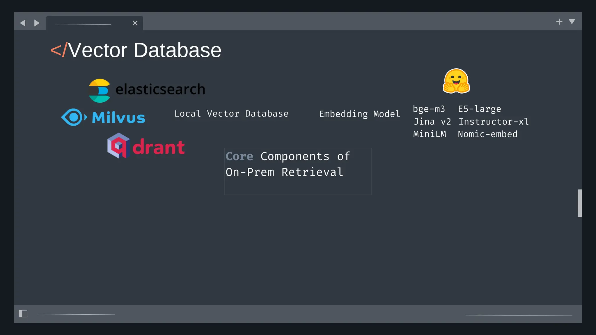</Vector Database
Core Components of
On-Prem Retrieval
Local Vector Database Embedding Model
bge-m3 E5-large
Nomic-embed
Jina v2
MiniLM
Instructor-xl
 