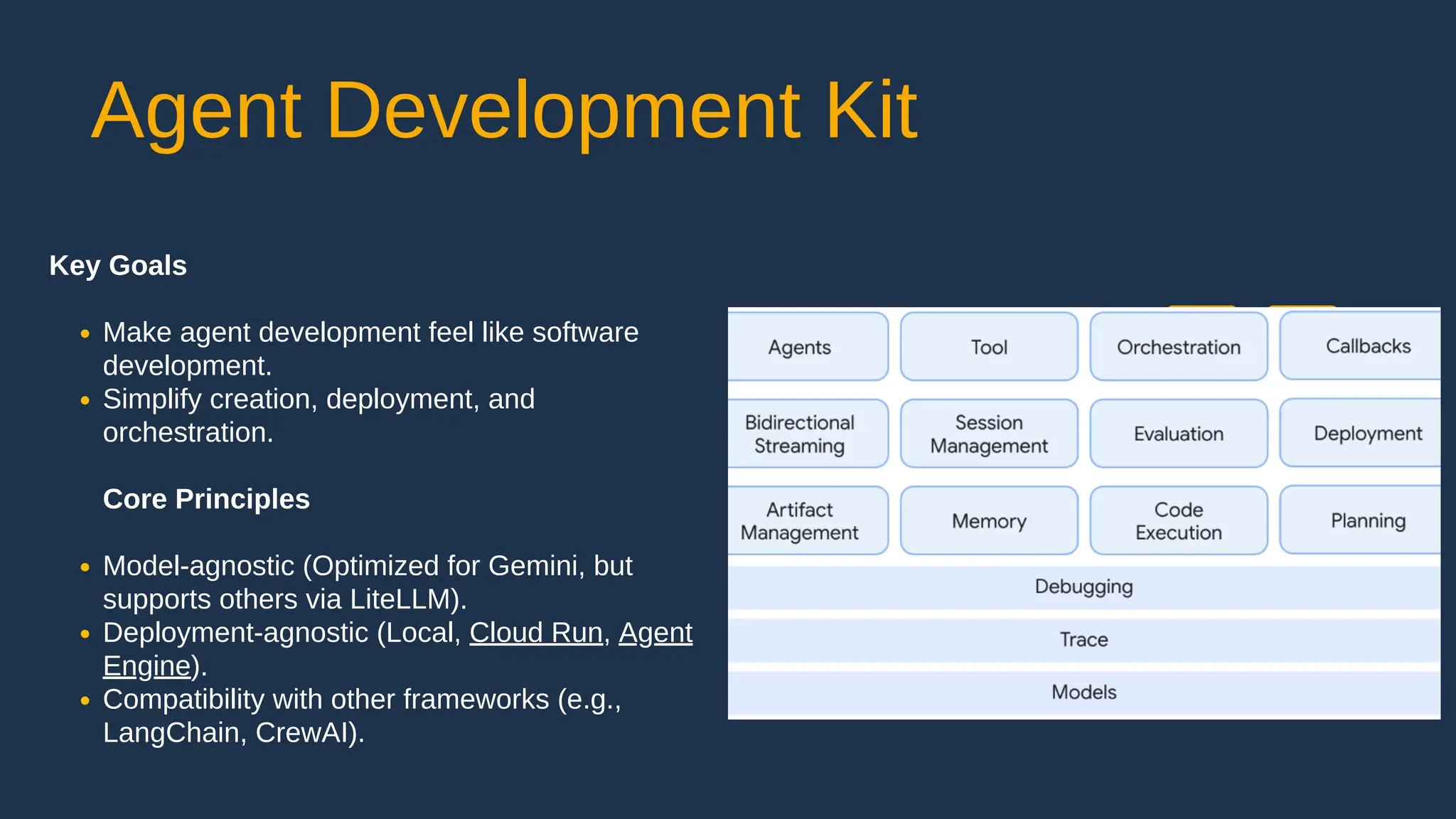 Key Goals
Make agent development feel like software
development.
Simplify creation, deployment, and
orchestration.
Core Principles
Model-agnostic (Optimized for Gemini, but
supports others via LiteLLM).
Deployment-agnostic (Local, Cloud Run, Agent
Engine).
Compatibility with other frameworks (e.g.,
LangChain, CrewAI).
Agent Development Kit
 