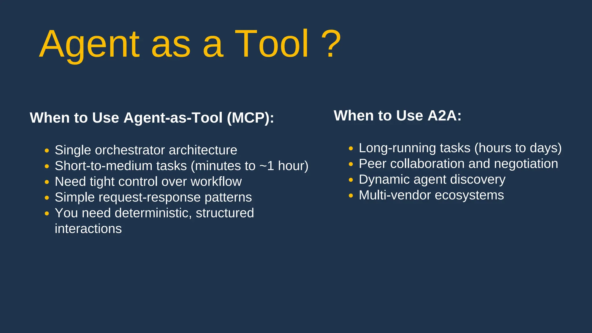 Agent as a Tool ?
When to Use Agent-as-Tool (MCP):
Single orchestrator architecture
Short-to-medium tasks (minutes to ~1 hour)
Need tight control over workflow
Simple request-response patterns
You need deterministic, structured
interactions
When to Use A2A:
Long-running tasks (hours to days)
Peer collaboration and negotiation
Dynamic agent discovery
Multi-vendor ecosystems
 