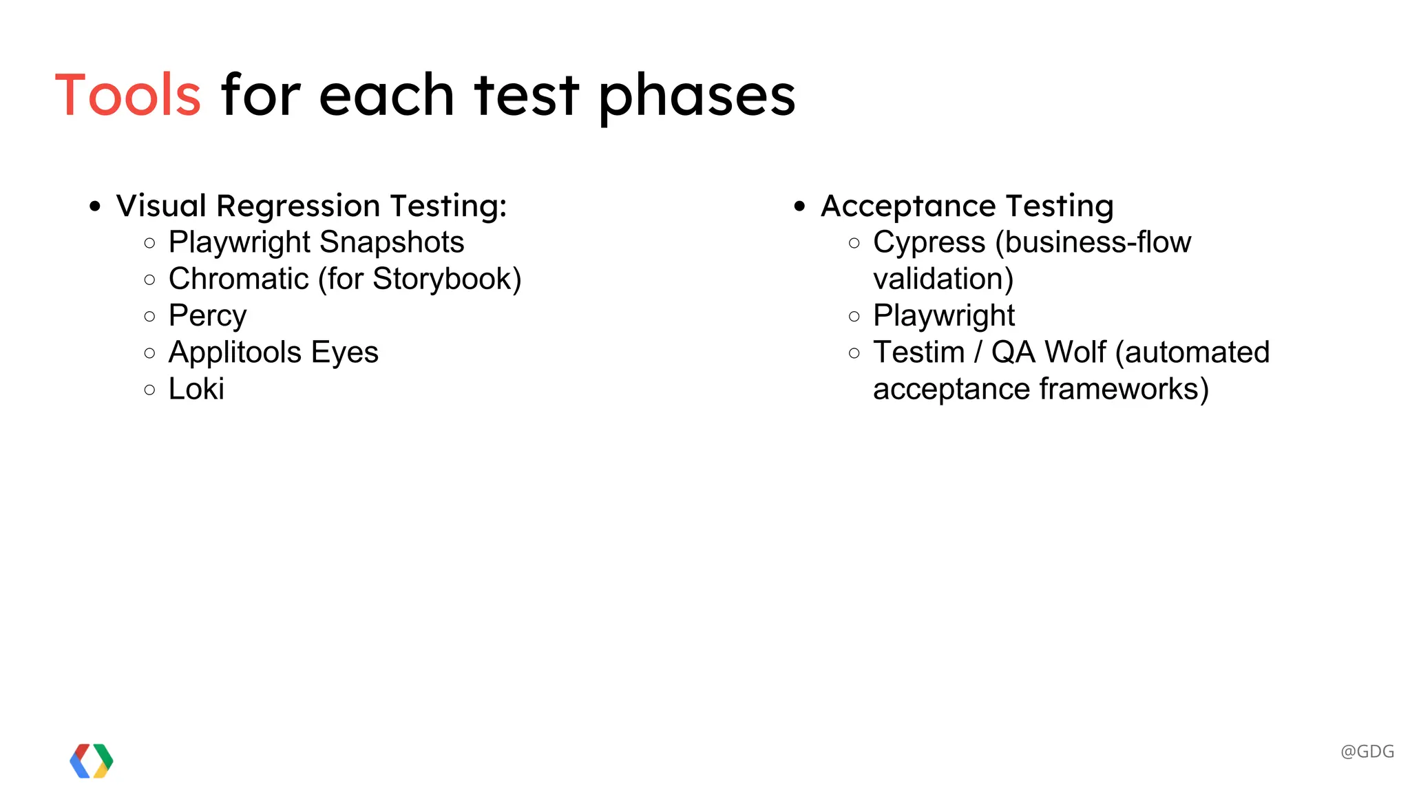@GDG
Visual Regression Testing:
Playwright Snapshots
Chromatic (for Storybook)
Percy
Applitools Eyes
Loki
Tools for each test phases
Acceptance Testing
Cypress (business-flow
validation)
Playwright
Testim / QA Wolf (automated
acceptance frameworks)
 