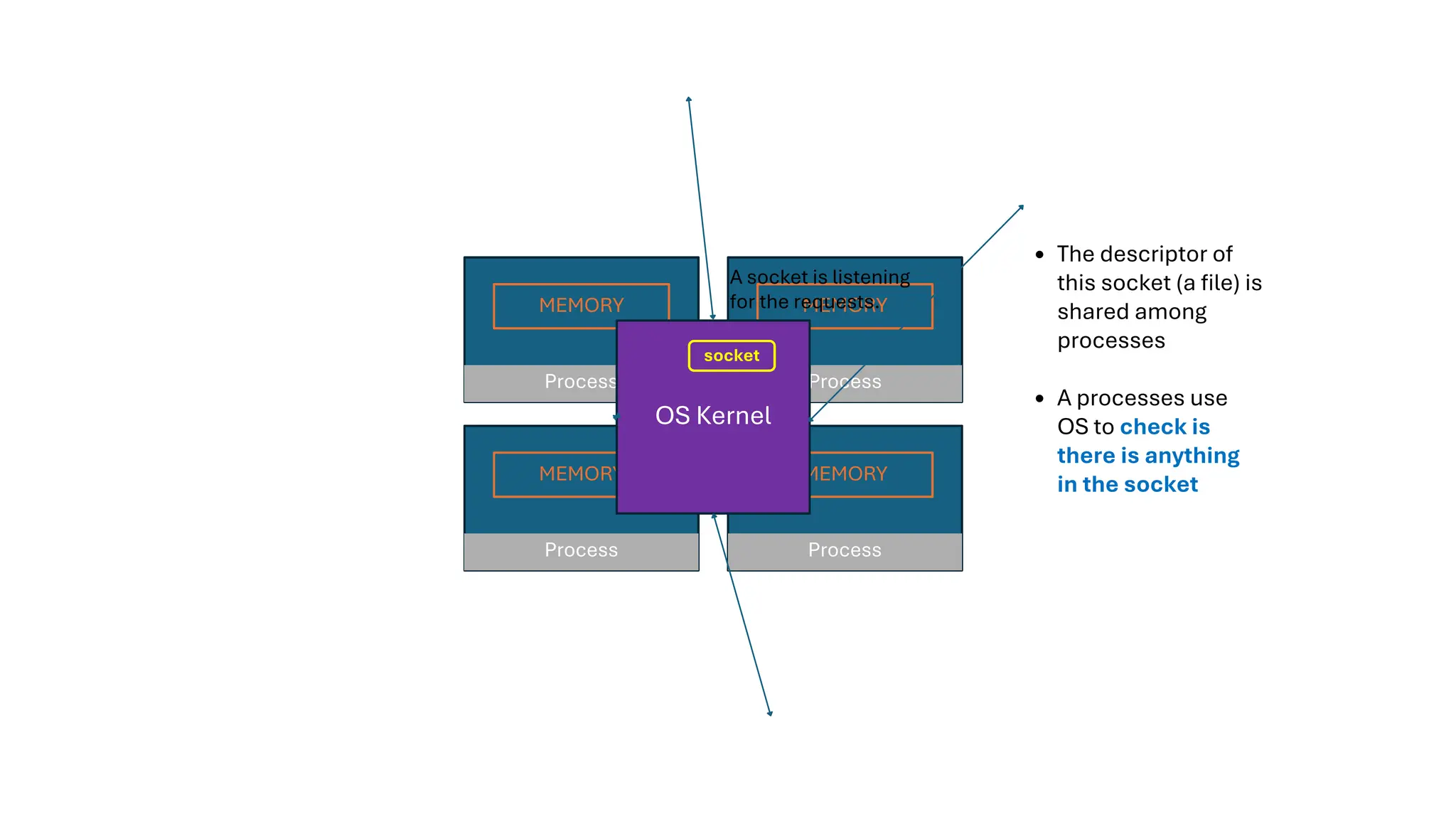 Process
MEMORY
Process
MEMORY
Process
MEMORY
Process
MEMORY
OS Kernel
socket
The descriptor of
this socket (a file) is
shared among
processes
A processes use
OS to check is
there is anything
in the socket
A socket is listening
for the requests.
 