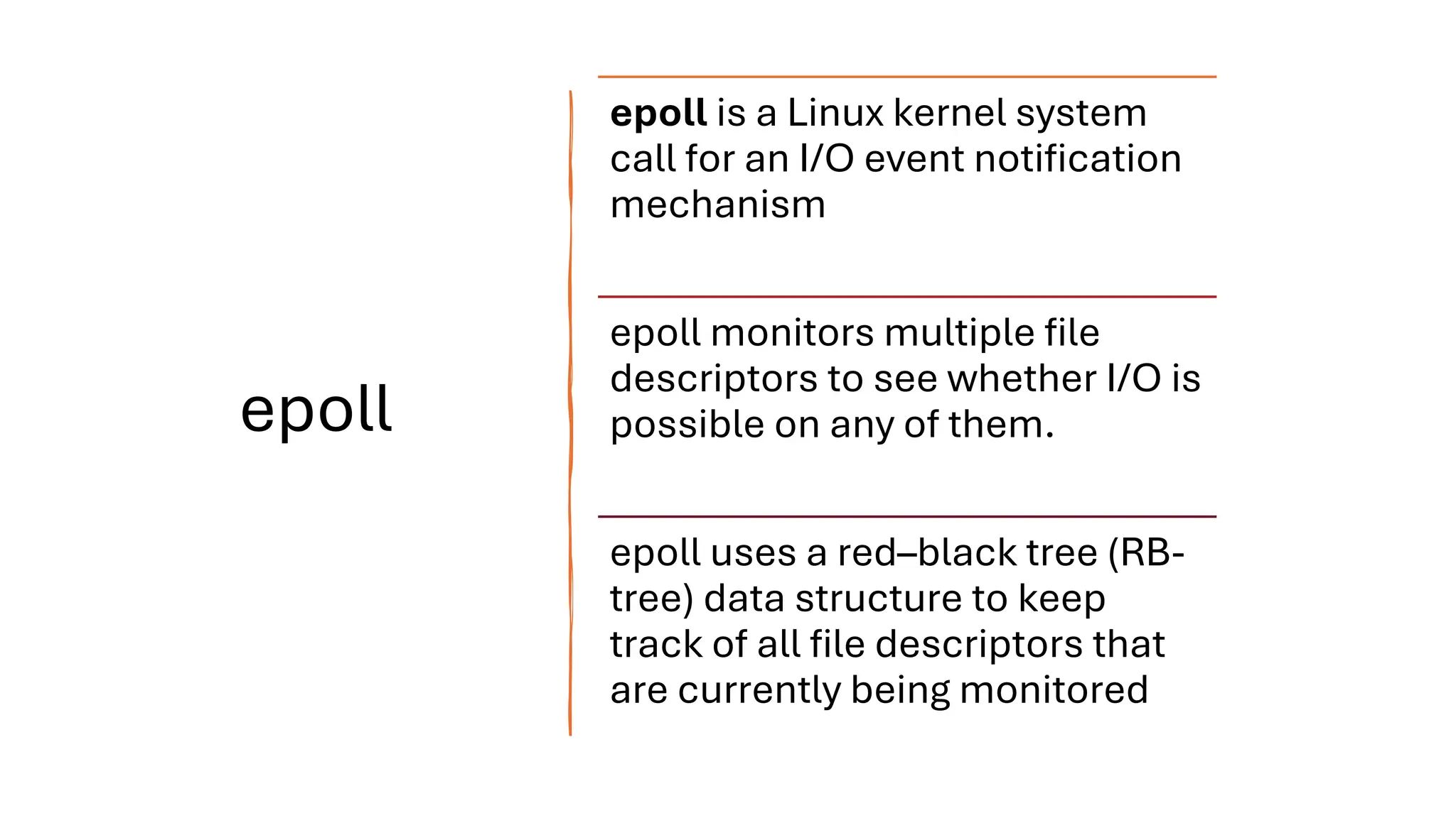 epoll
epoll is a Linux kernel system
call for an I/O event notification
mechanism
epoll monitors multiple file
descriptors to see whether I/O is
possible on any of them.
epoll uses a red–black tree (RB-
tree) data structure to keep
track of all file descriptors that
are currently being monitored
 