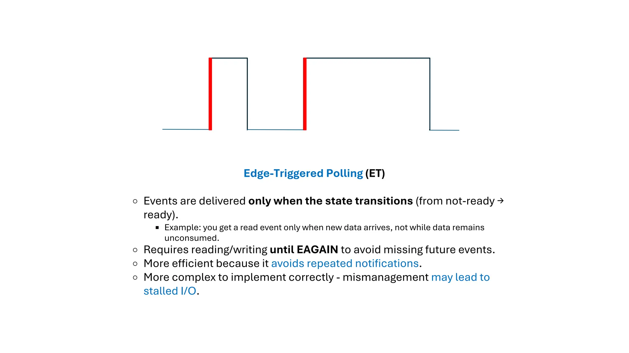 Edge-Triggered Polling (ET)
Events are delivered only when the state transitions (from not-ready →
ready).
Example: you get a read event only when new data arrives, not while data remains
unconsumed.
Requires reading/writing until EAGAIN to avoid missing future events.
More efficient because it avoids repeated notifications.
More complex to implement correctly - mismanagement may lead to
stalled I/O.
 