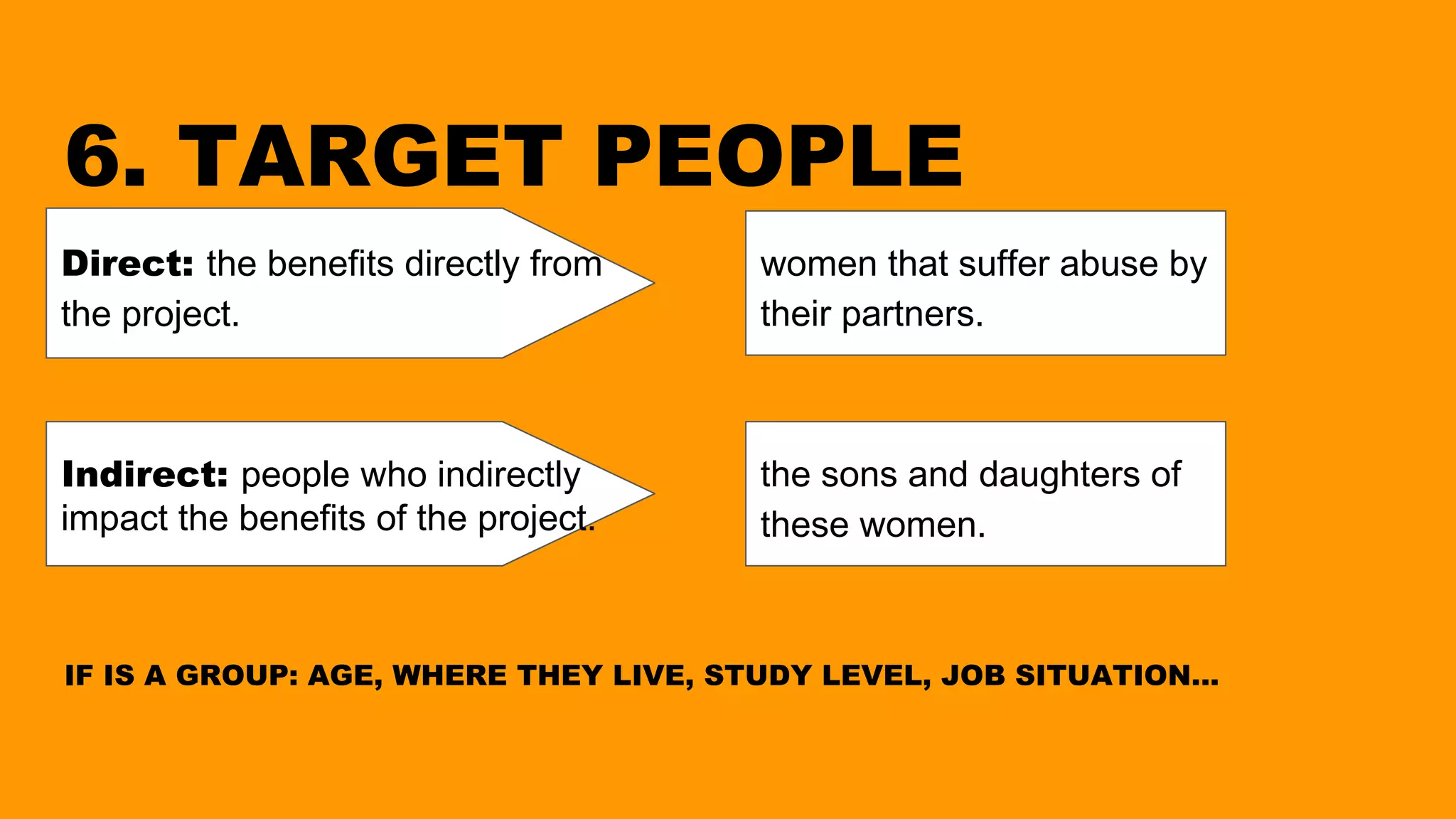 6. TARGET PEOPLE
IF IS A GROUP: AGE, WHERE THEY LIVE, STUDY LEVEL, JOB SITUATION...
Direct: the benefits directly from
the project.
Indirect: people who indirectly
impact the benefits of the project.
the sons and daughters of
these women.
women that suffer abuse by
their partners.
 