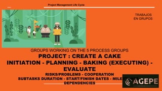 TRABAJOS
EN GRUPOS
Project Management Life Cycle
GROUPS WORKING ON THE 5 PROCESS GROUPS
PROJECT : CREATE A CAKE
INITIATION - PLANNING - BAKING (EXECUTING) -
EVALUATE
RISKS/PROBLEMS - COOPERATION
SUBTASKS DURATION - START/FINISH DATES - MILESTONES -
DEPENDENCIES
 