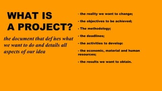 WHAT IS
A PROJECT?
- the reality we want to change;
- the objectives to be achieved;
- The methodology;
- the deadlines;
- the activities to develop:
- the economic, material and human
resources;
- the results we want to obtain.
the document that def ines what
we want to do and details all
aspects of our idea
 