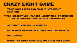 CRAZY EIGHT GAME
● TAKE YOUR PAPER AND FOLD IT INTO EIGHT
SECTIONS
TITLE - OBJECTIVES - TARGET - ACTIVITIES - PROMOTION
METHODOLOGY - EVALUATION - RESOURCES
● SET THE TIMER FOR 10 MINUTES
● EACH TEAM MEMBER SKETCHES ONE IDEA IN EACH
RECTANGLE
● WHEN THE TIMER GOES OFF, PUT YOUR PENS DOWN
 