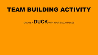 TEAM BUILDING ACTIVITY
CREATE A DUCKWITH YOUR 6 LEGO PIECES
 
