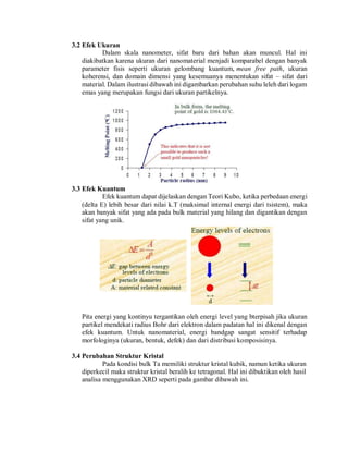 3.2 Efek Ukuran
Dalam skala nanometer, sifat baru dari bahan akan muncul. Hal ini
diakibatkan karena ukuran dari nanomaterial menjadi komparabel dengan banyak
parameter fisis seperti ukuran gelombang kuantum, mean free path, ukuran
koherensi, dan domain dimensi yang kesemuanya menentukan sifat – sifat dari
material. Dalam ilustrasi dibawah ini digambarkan perubahan suhu leleh dari logam
emas yang merupakan fungsi dari ukuran partikelnya.
3.3 Efek Kuantum
Efek kuantum dapat dijelaskan dengan Teori Kubo, ketika perbedaan energi
(delta E) lebih besar dari nilai k.T (maksimal internal energi dari tsistem), maka
akan banyak sifat yang ada pada bulk material yang hilang dan digantikan dengan
sifat yang unik.
Pita energi yang kontinyu tergantikan oleh energi level yang bterpisah jika ukuran
partikel mendekati radius Bohr dari elektron dalam padatan hal ini dikenal dengan
efek kuantum. Untuk nanomaterial, energi bandgap sangat sensitif terhadap
morfologinya (ukuran, bentuk, defek) dan dari distribusi komposisinya.
3.4 Perubahan Struktur Kristal
Pada kondisi bulk Ta memiliki struktur kristal kubik, namun ketika ukuran
diperkecil maka struktur kristal beralih ke tetragonal. Hal ini dibuktikan oleh hasil
analisa menggunakan XRD seperti pada gambar dibawah ini.
 