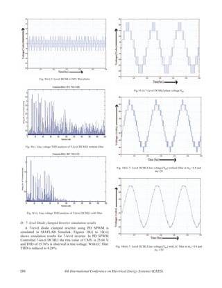 Fig. 9(iv).5- Level DCMLI CMV Waveform
Fig. 9(v). Line voltage THD analysis of 5-level DCMLI without filter
Fig. 9(vi). Line voltage THD analysis of 5-level DCMLI with filter
D. 7- level Diode clamped Inverter simulation results
A 7-level diode clamped inverter using PD SPWM is
simulated in MATLAB Simulink. Figures 10(i) to 10(vi)
shows simulation results for 7-level inverter. In PD SPWM
Controlled 7-level DCMLI the rms value of CMV is 25.66 V
and THD of 13.76% is observed in line voltage. With LC filter
THD is reduced to 4.28%.
Fig.10 (i).7-Level DCMLI phase voltage
Fig. 10(ii).7- Level DCMLI line voltage ( ) without filter at = 0.8 and
=20
Fig. 10(iii).7- Level DCMLI line voltage ( with LC filter at = 0.8 and
20
286 4th International Conference on Electrical Energy Systems (ICEES)
 