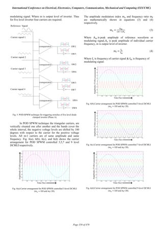 modulating signal. Where m is output level of inverter. Thus
for five level inverter four carriers are required.
Fig. 5. POD-SPWM technique for triggering switches of five level diode
clamped inverter (Phase A)
In POD SPWM technique the triangular carriers, are
vertically situated one after another and the bands cover the
whole interval, the negative voltage levels are shifted by 180
degrees with respect to the carrier for the positive voltage
levels. All m-1 carriers are of same amplitude and same
frequency. Fig. 6(a), 6(b), 6(c), and 6(d) shows the carrier
arrangement for POD SPWM controlled 3,5,7 and 9 level
DCMLI respectively.
Fig. 6(a).Carrier arrangement for POD SPWM controlled 3-level DCMLI
(m = 0.8 and m =20).
The amplitude modulation index m and frequency ratio m
are mathematically shown in equations (3) and (4)
respectively.
				m =
( )
(3)
Where A 	is	peak amplitude of reference waveform or
modulating signal, A is peak amplitude of individual carrier
frequency, m is output level of inverter.
							m = 																																													(4)
Where f 	is	frequency of carrier signal & f is frequency of
modulating signal.
Fig. 6(b).Carrier arrangement for POD SPWM controlled 5-level DCMLI
(m = 0.8 and m =20).
Fig. 6(c).Carrier arrangement for POD SPWM controlled 7-level DCMLI
(m = 0.8 and m =20).
Fig. 6(d).Carrier arrangement for POD SPWM controlled 9-level DCMLI
(m = 0.8 and m =20).
International Conference on Electrical, Electronics, Computers, Communication, Mechanical and Computing (EECCMC)
Page 358 of 470
 