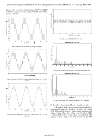 the rms value of common mode voltage is 18.76 V and THD
of 35.65% is observed in line voltage. With LC filter THD is
reduced to 11.21%.
Fig. 9(a).5- Level DCMLI single leg (Phase A) Voltage
Fig. 9(b).5- Level DCMLI line voltage (V ) without filter at 	m = 0.8 and
m =20
Fig. 9(c).5- Level DCMLI line voltage (V ) with LC filter at 	m = 0.8 and
m =20
Fig. 9(d).5- Level DCMLI CMV Waveform
Fig. 9(e). Line voltage THD Analysis of 5-level DCMLI without filter
Fig. 9(f). Line voltage THD Analysis of 5-level DCMLI with filter
D. Seven level Diode clamped Inverter simulation results
A Seven level diode clamped inverter using POD SPWM
is simulated in MATLAB Simulink. Fig. 10(a), 10(b), 10(c),
10(d), 10(e) and 10(f) shows phase voltage waveform, line
voltage without filter, line voltage with LC filter, CMV
waveform, THD analysis of line voltage without filter & THD
analysis of line voltage with filter respectively. In POD
International Conference on Electrical, Electronics, Computers, Communication, Mechanical and Computing (EECCMC)
Page 361 of 470
 